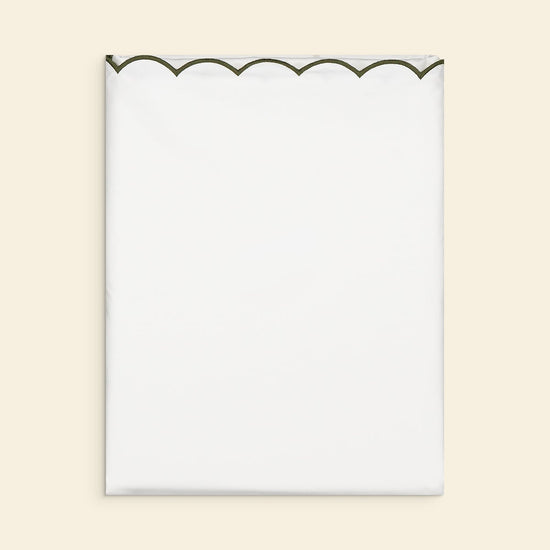The Scalloped Duvet Cover in White and Forest Green Cotton Percale