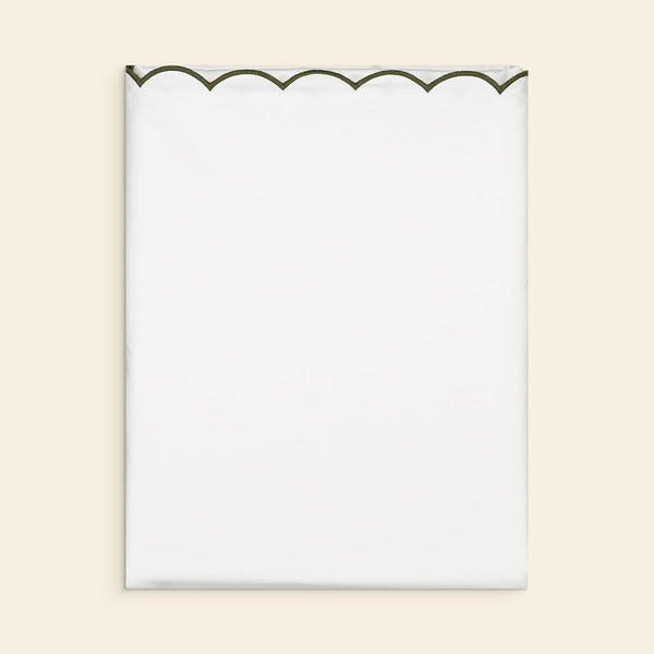 The Scalloped Duvet Cover in White and Forest Green Cotton Percale