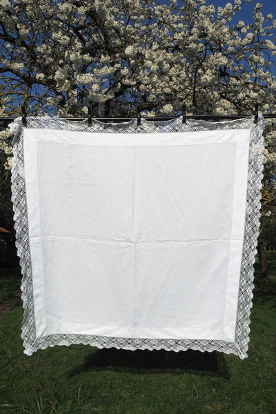 Antique Linen Lace Edged Tablecloth