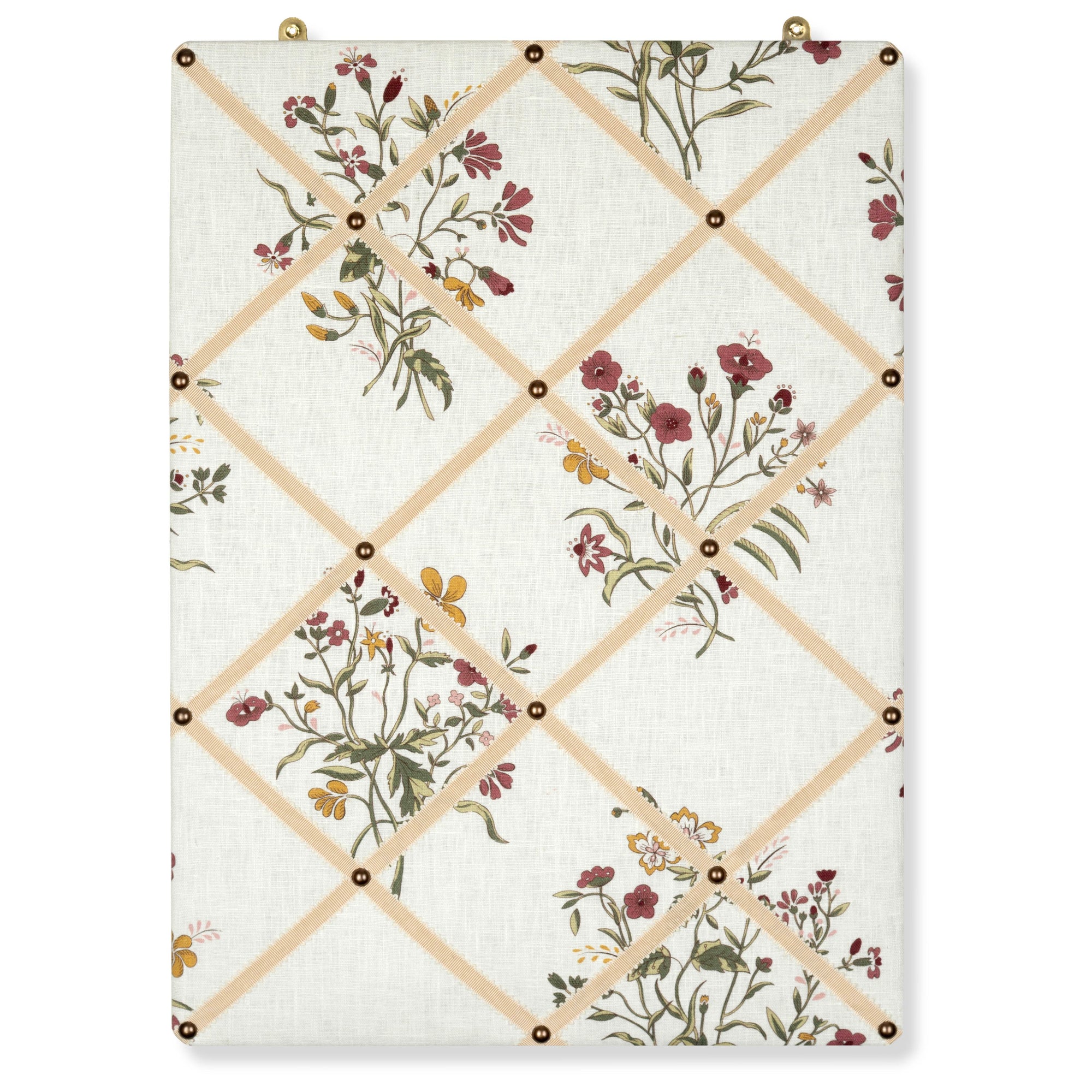 Ribboned Bulletin Board in Volga’s Flax & Field Flower Scarlet Print with Macadamia Trim