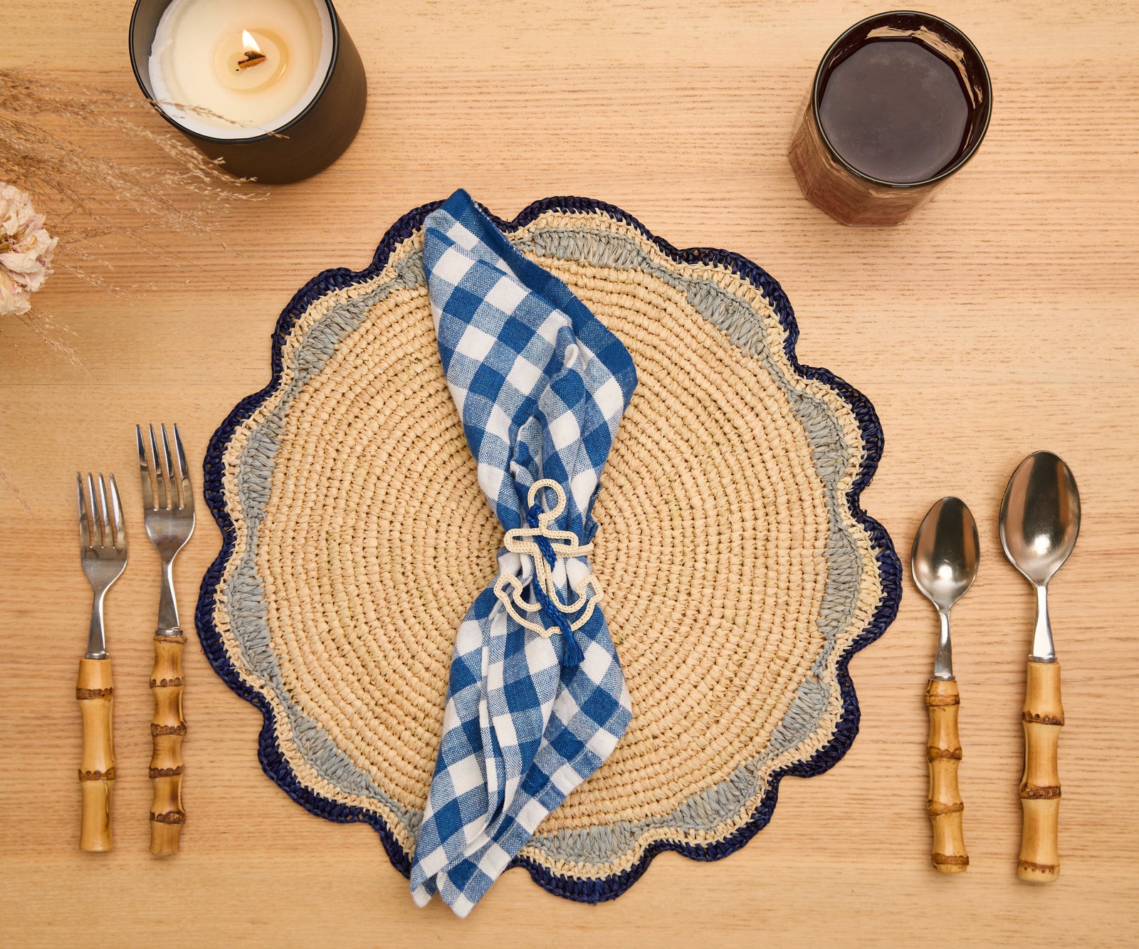 Nautical Anchor Napkin Rings – Coastal Table Decor, Handmade Raffia Napkin Holders, Set of 4 Blue and White or natural Anchor Rings