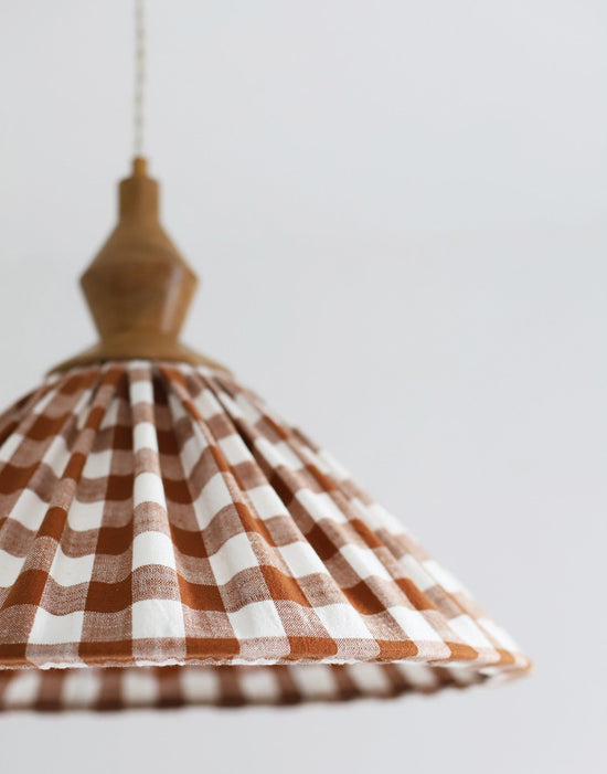 Olga Pleated Pendant Light in Terracotta Check Fabric with Turned Wood Finish