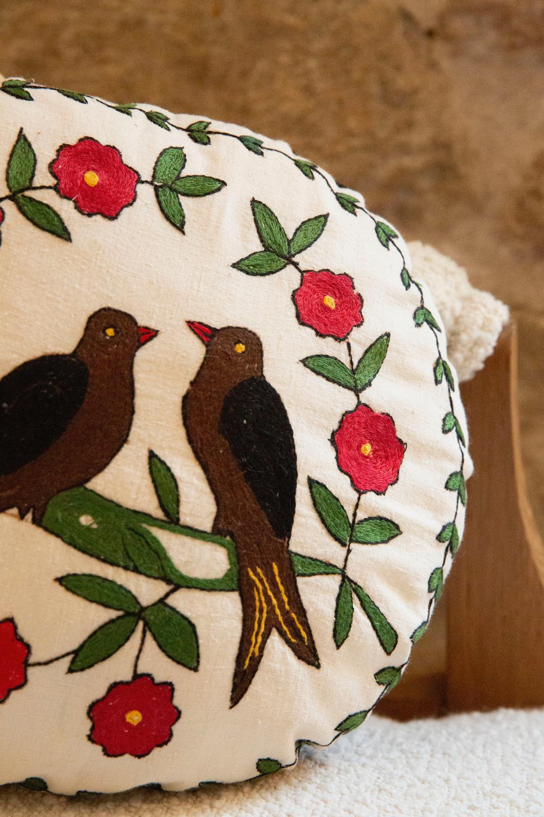 Hand-Embroidered Lovebirds & Floral Pillow/Cushion Cover
