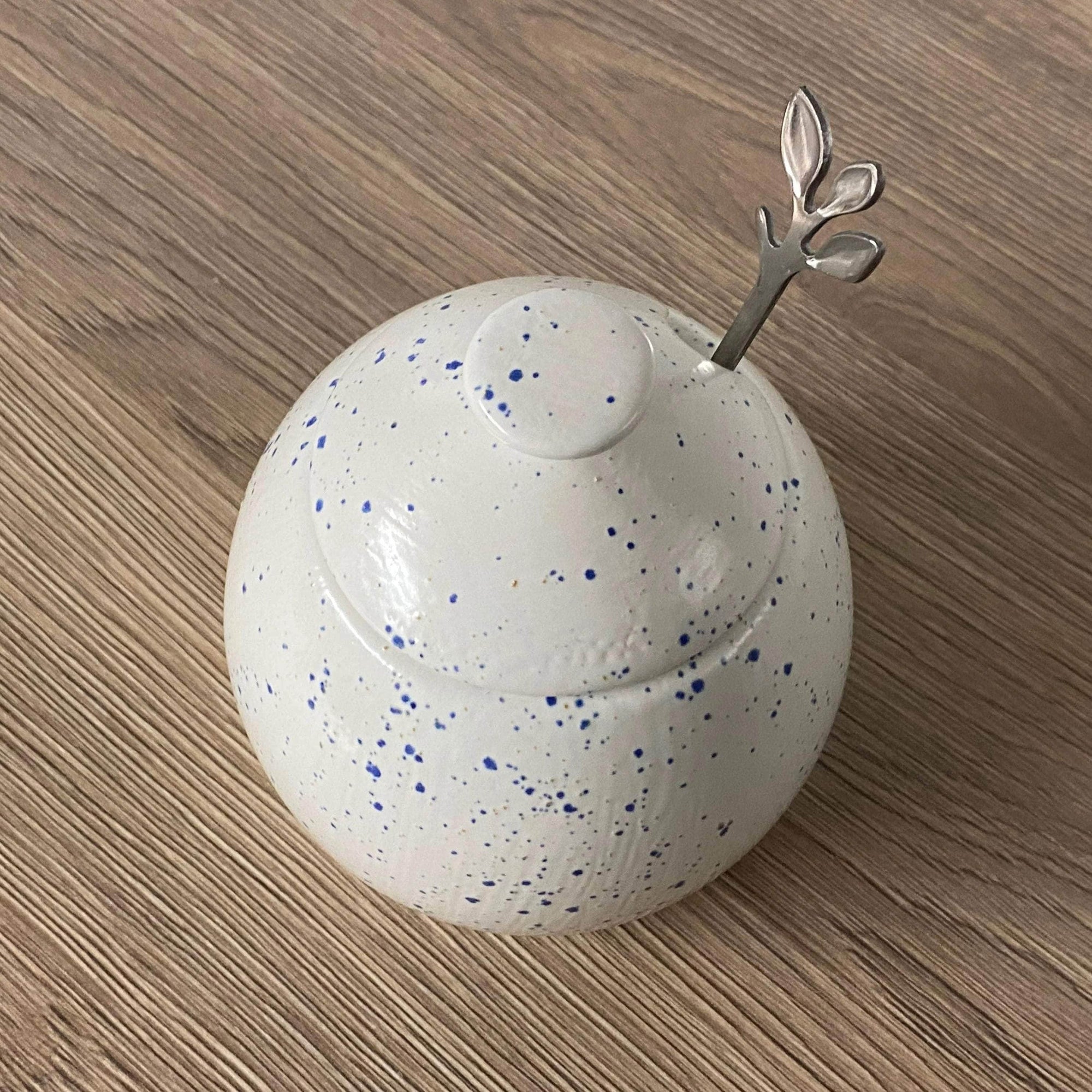 Sugar Bowl with Spoon Light Speckled Blue