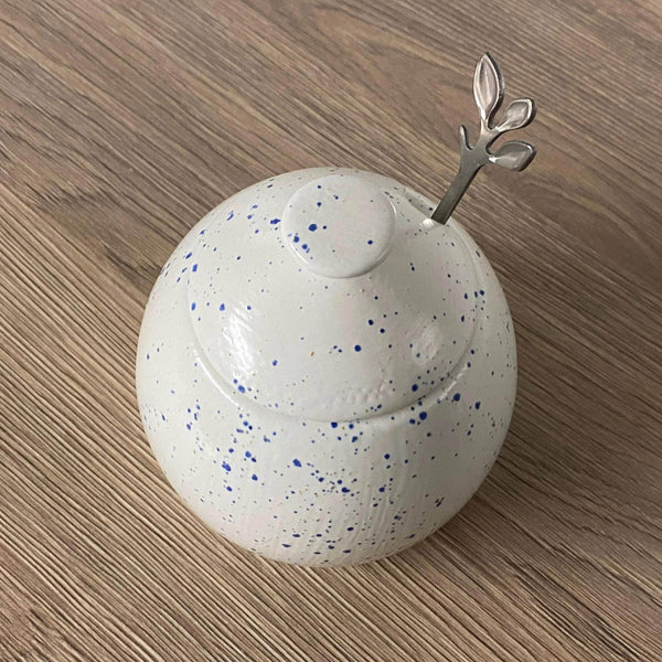 Sugar Bowl with Spoon Light Speckled Blue