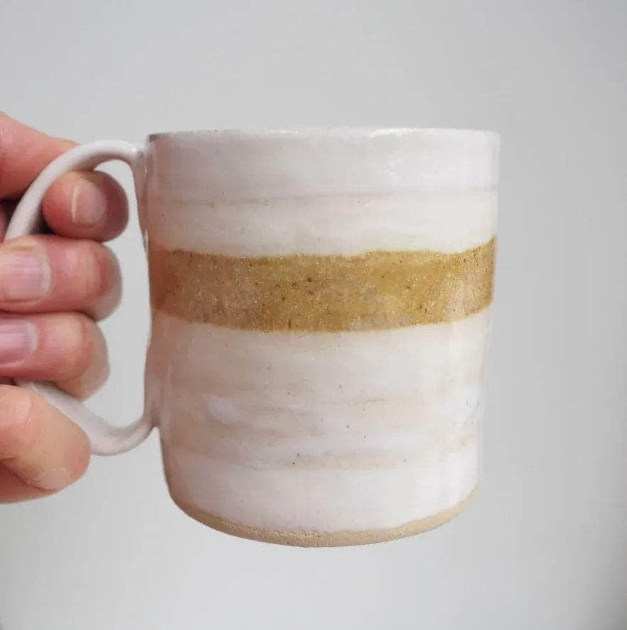 Ceramic Mug in Stripes White, Cream and Mustard glaze