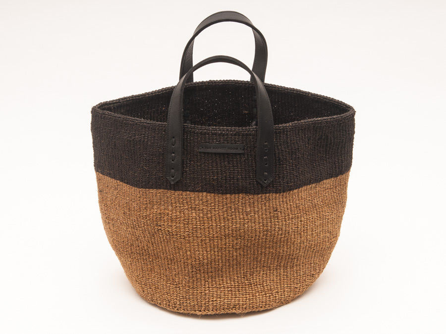 HIMIZA: Black & Khaki Sisal and Leather Shopper