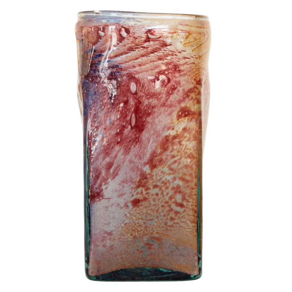 Blown Glass Tall Rectangular Vase, Amber and Coral, Large