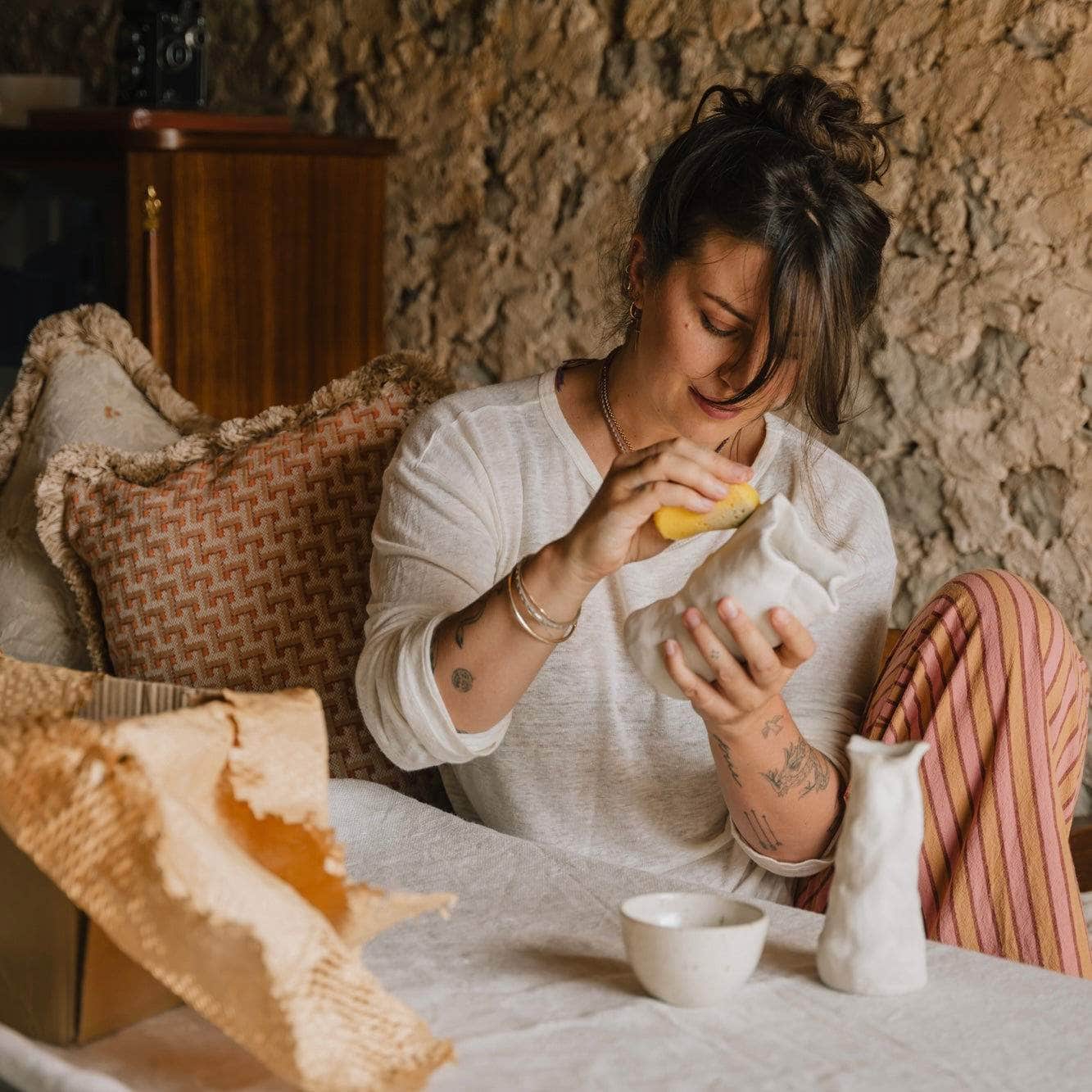 Double Sided Cushion Mako Ice & Ecru x Janis Burnt Orange