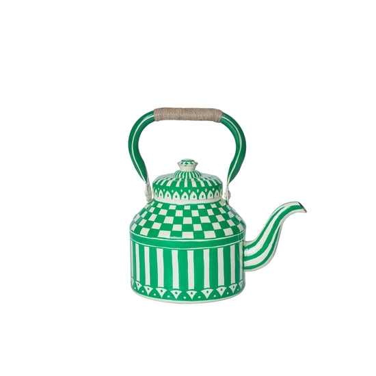 Hand Painted Tea Kettle | Green and White | Striped