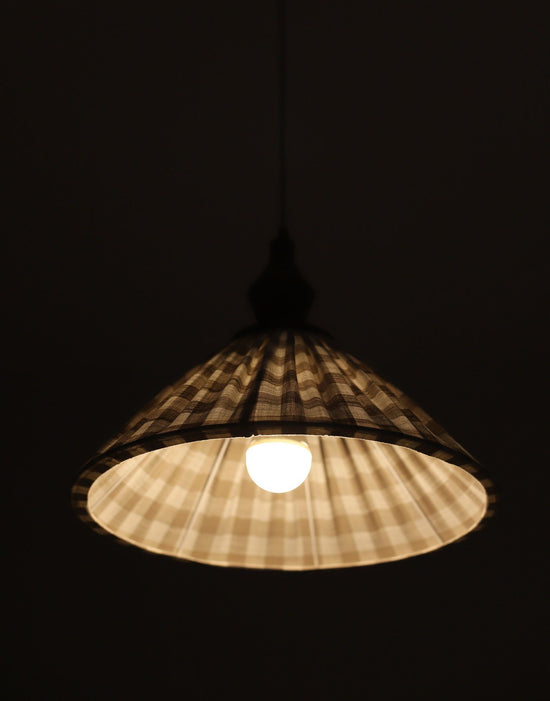 Olga Pleated Pendant Light in Beige Check Fabric with Turned Wood Finish