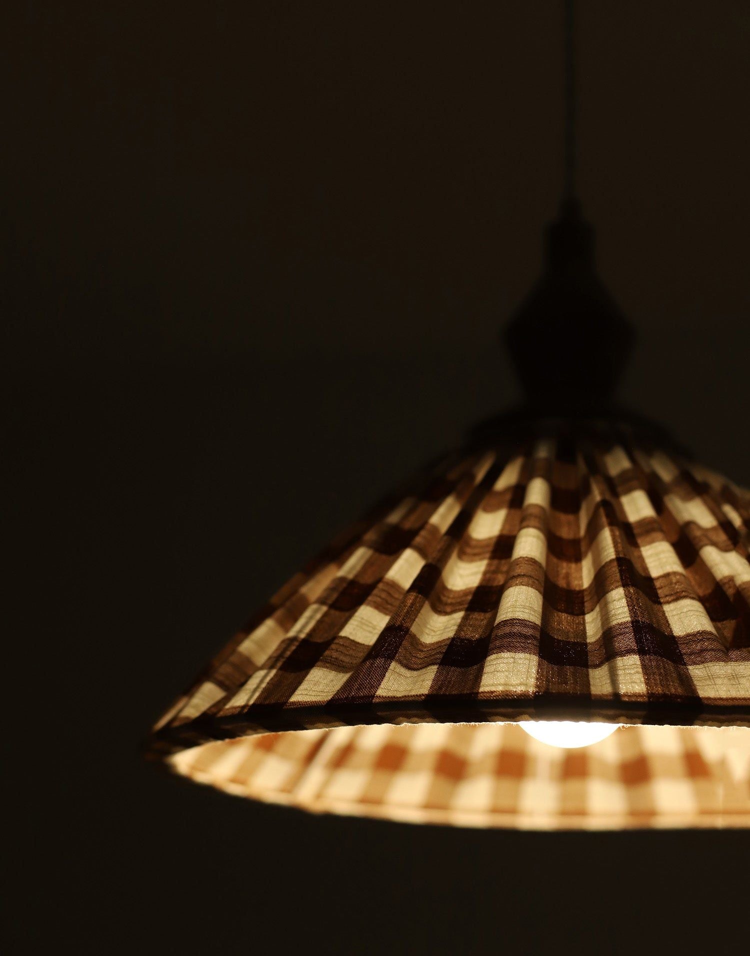 Olga Pleated Pendant Light in Terracotta Check Fabric with Turned Wood Finish
