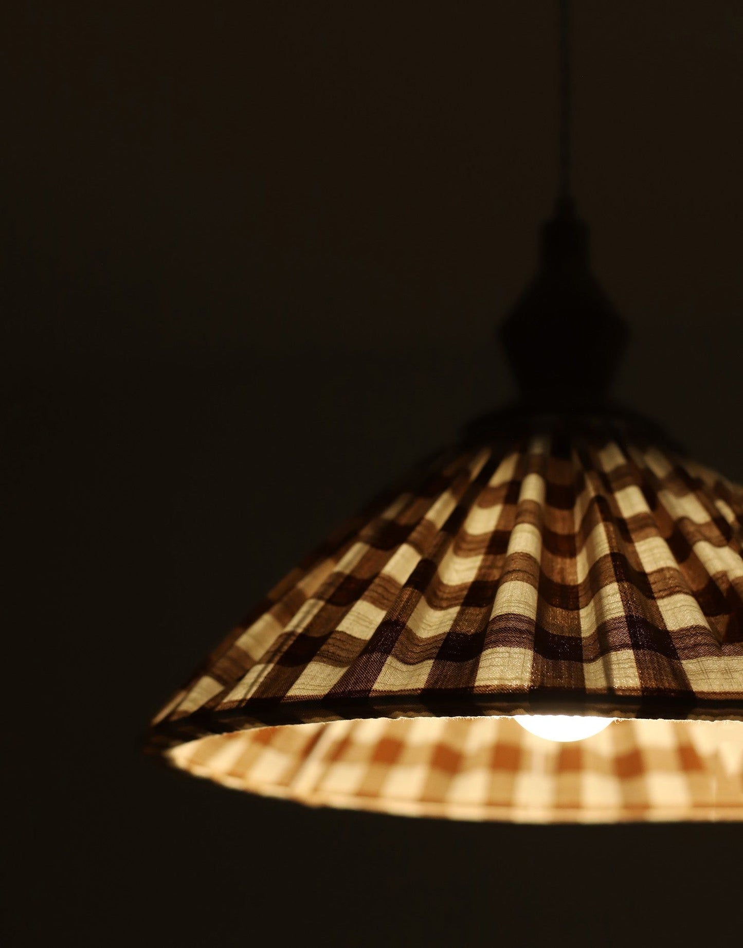 Olga Pleated Pendant Light in Terracotta Check Fabric with Turned Wood Finish