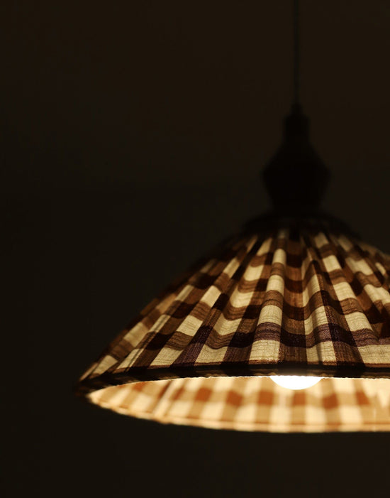 Olga Pleated Pendant Light in Terracotta Check Fabric with Turned Wood Finish
