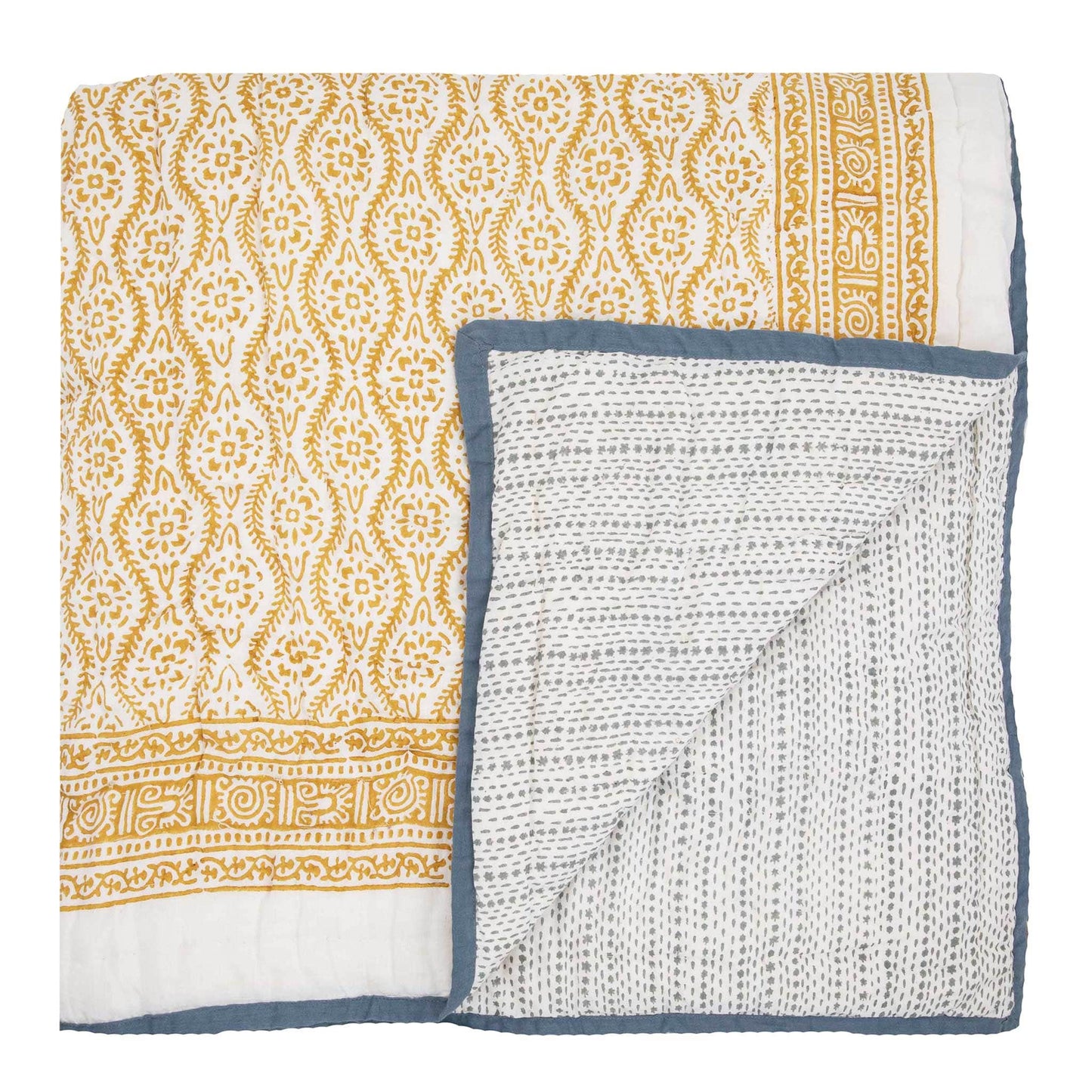 Double Floral Star Quilt Yellow Blue
