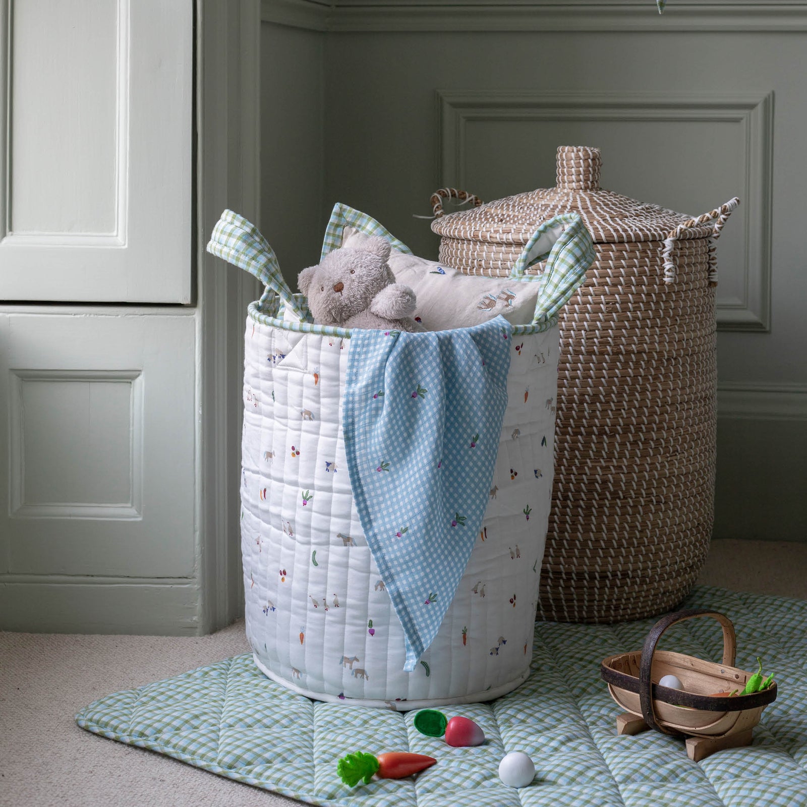 Large Quilted Storage Basket - Greenhouse Gingham / Little Farm