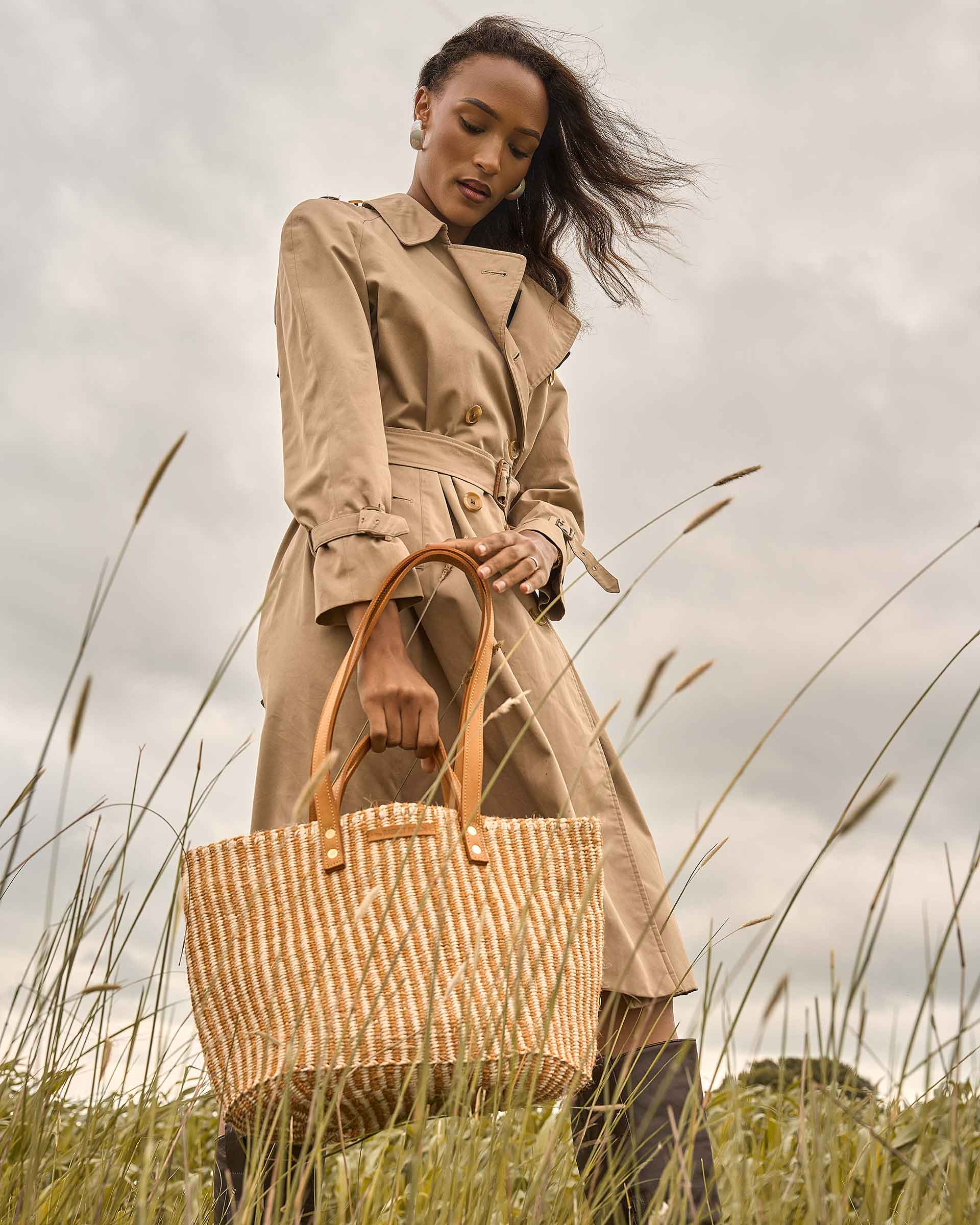 DHEHEBU: Gold and Natural Pinstripe Sisal Shopper