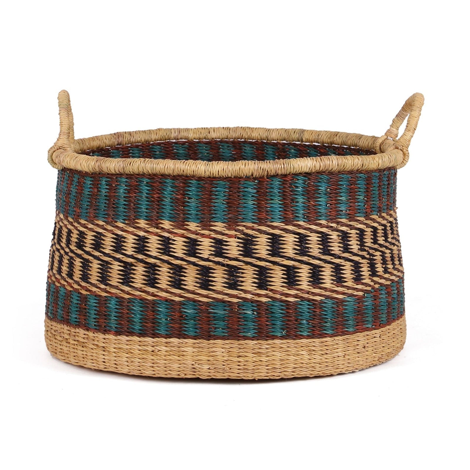 LARIBA: Medium Teal, Brown and Black Floor Storage Basket with Handles