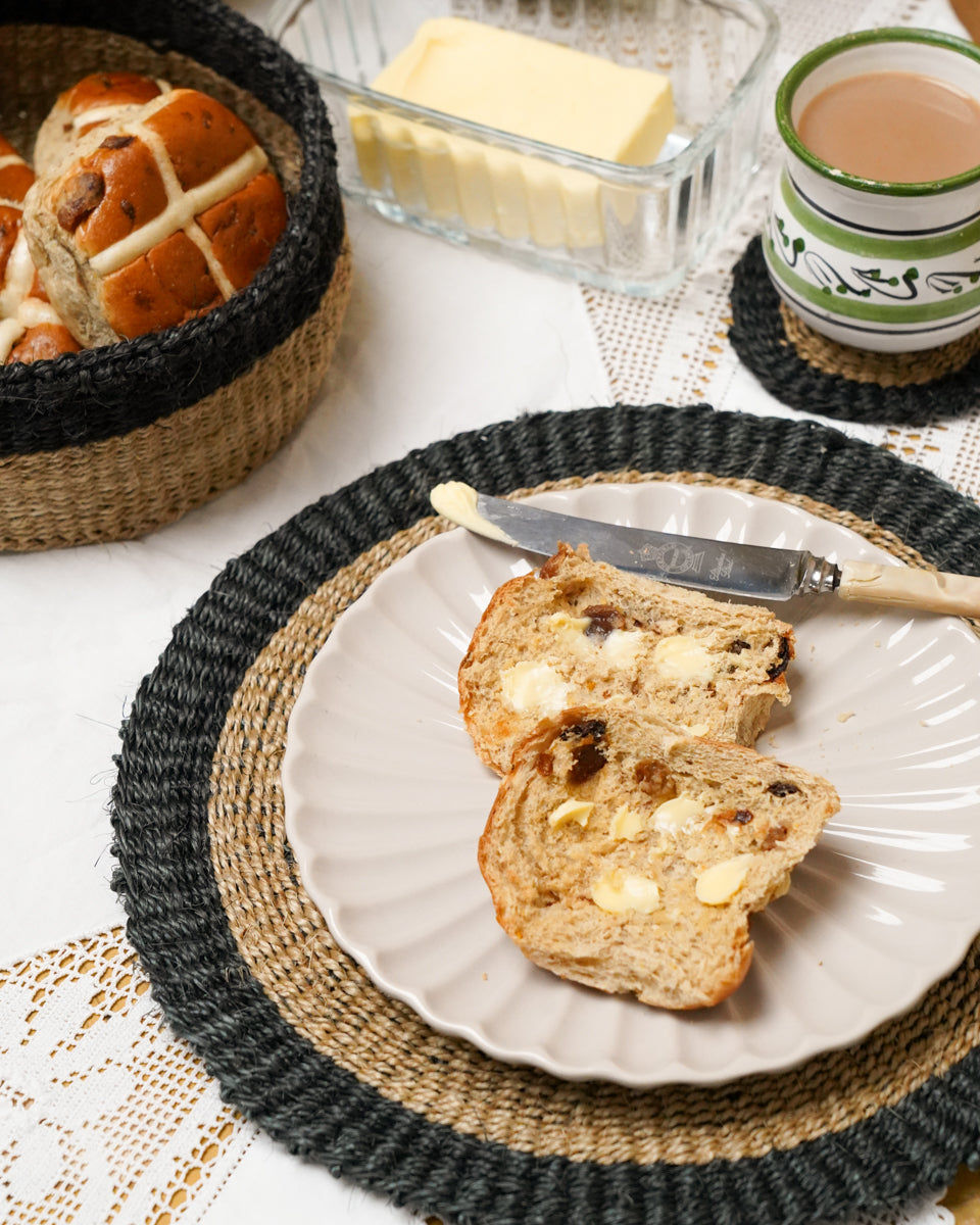 SURA: Natural & Black Trim Woven Circular Coaster