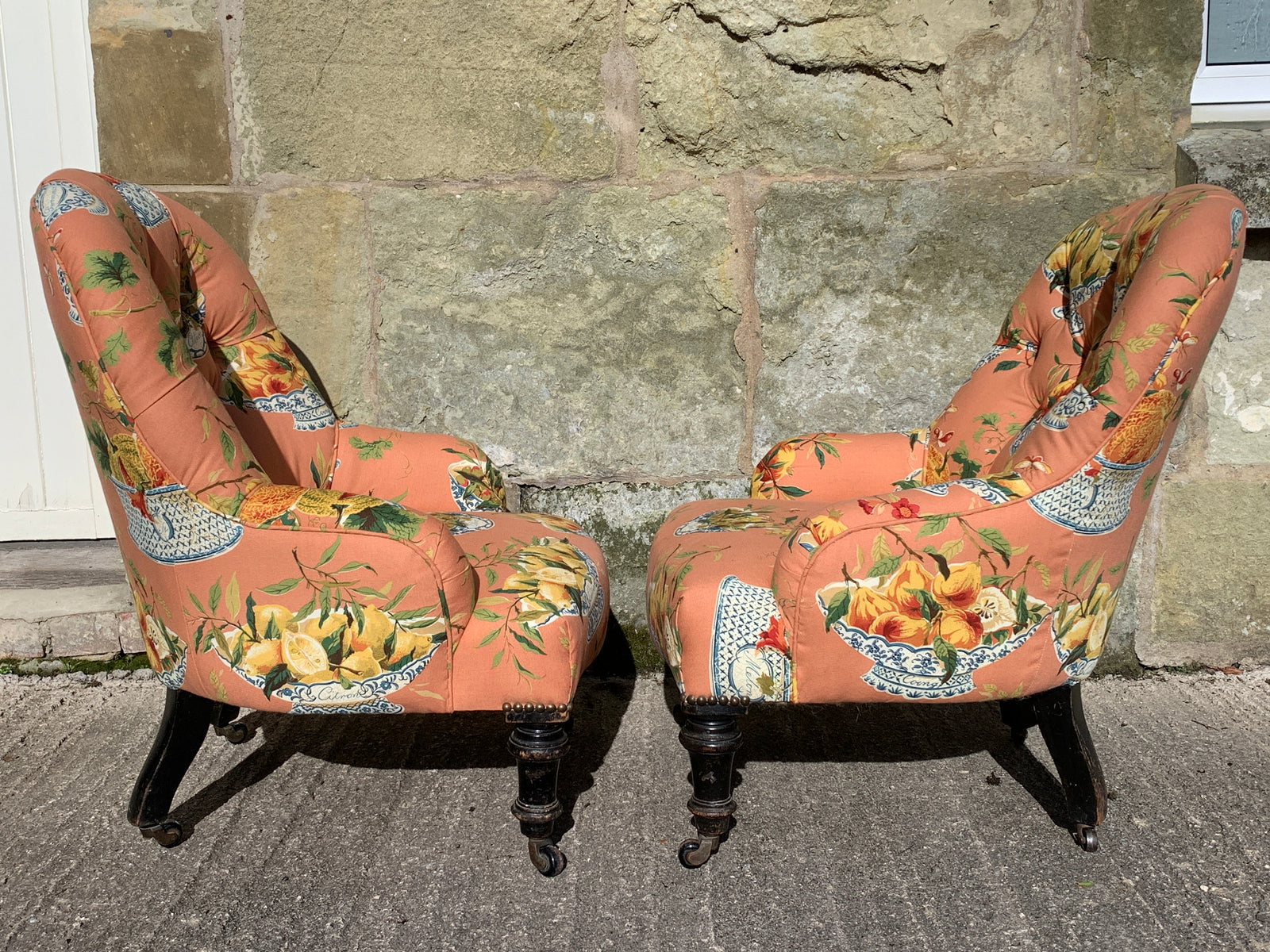 HANS & GRETEL - A Pair Of Antique Button Back Armchairs In Vintage Colefax & Fowler Fabric-