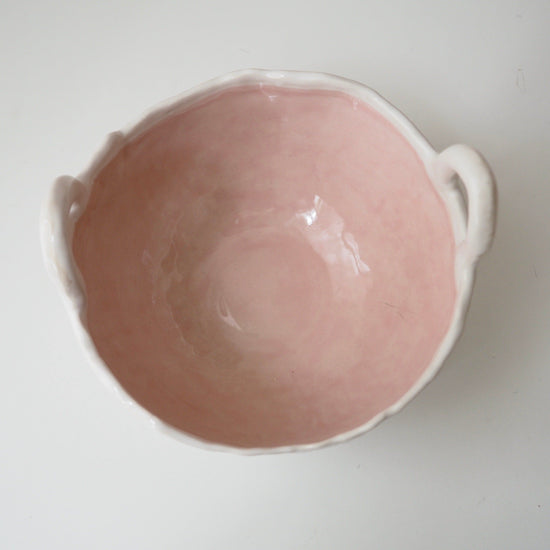 Handmade Pastel Pink and White Ceramic Bowl with Handles