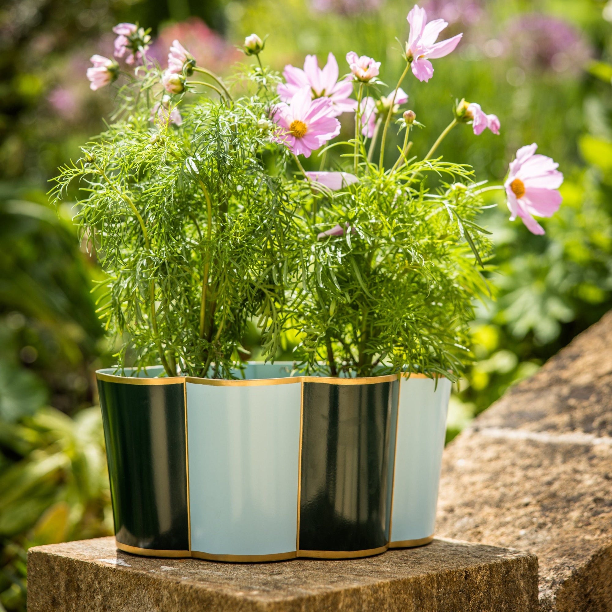 Rounded Scalloped Planter | Large | Green & Turquoise | Striped