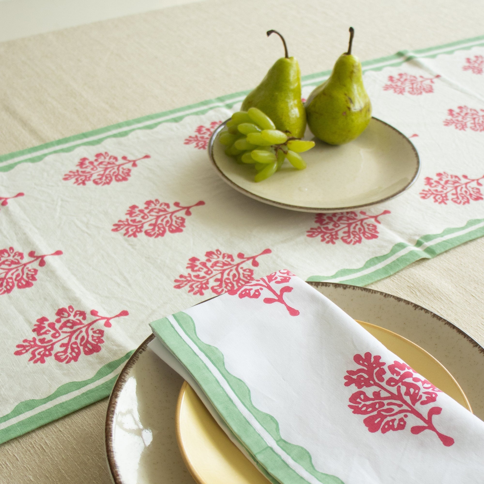 Sara - Pure Linen Hand-Printed Table Runner - Pink & Pastel Green