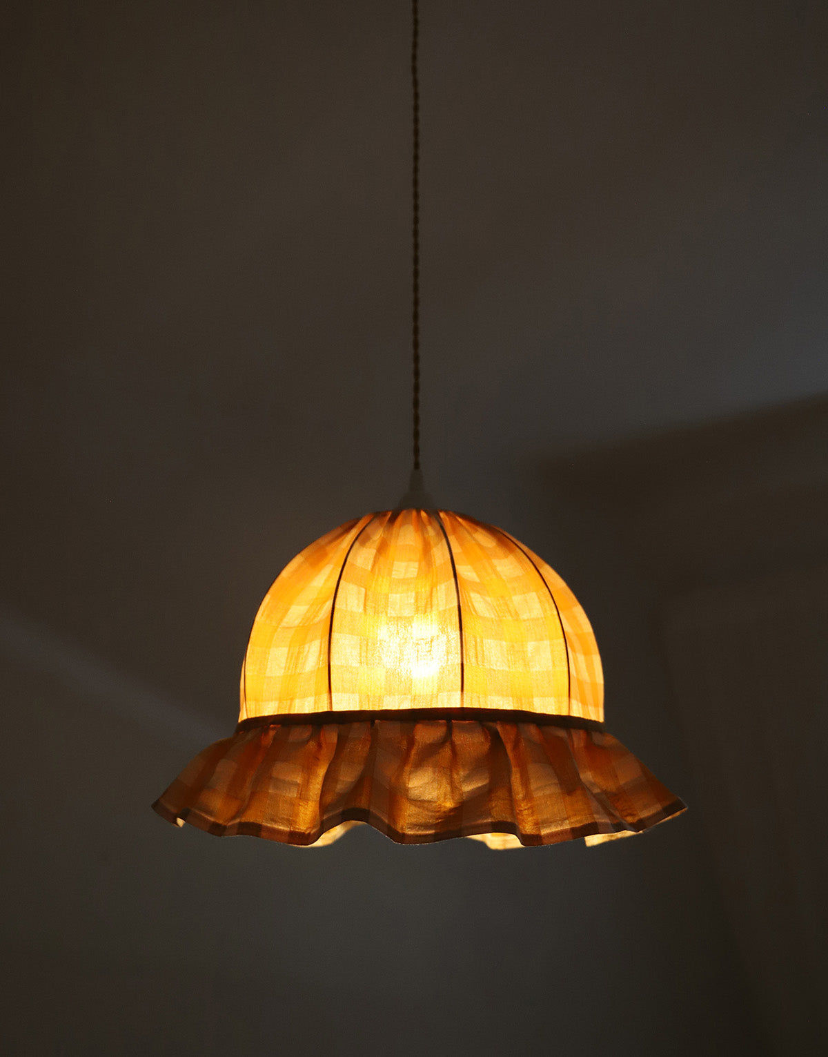 Vintage Dome Pendant Light with Ruffles in Mustard Gingham Print