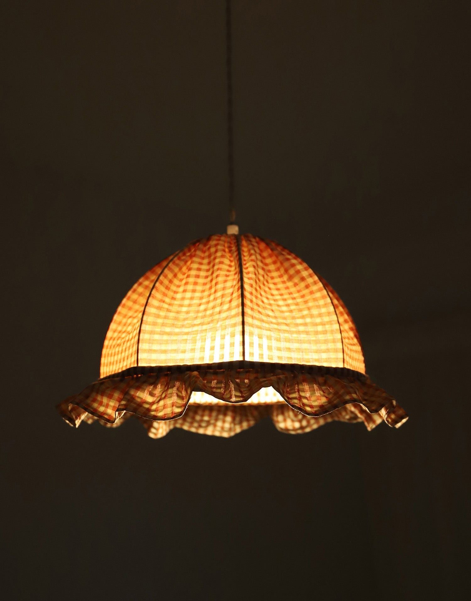 Rounded Dome Pendant Light with Ruffles, Margaret "Gingham" Print