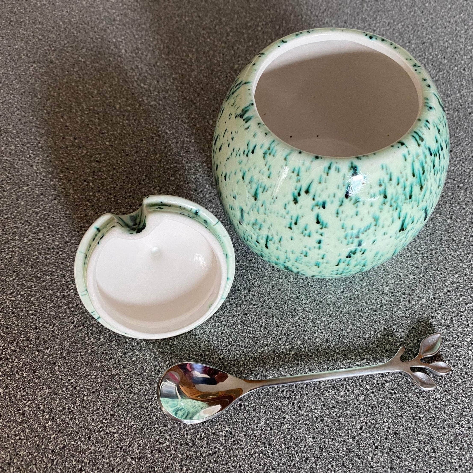 Sugar Bowl with Silver Leafy Spoon Speckled Green Glaze