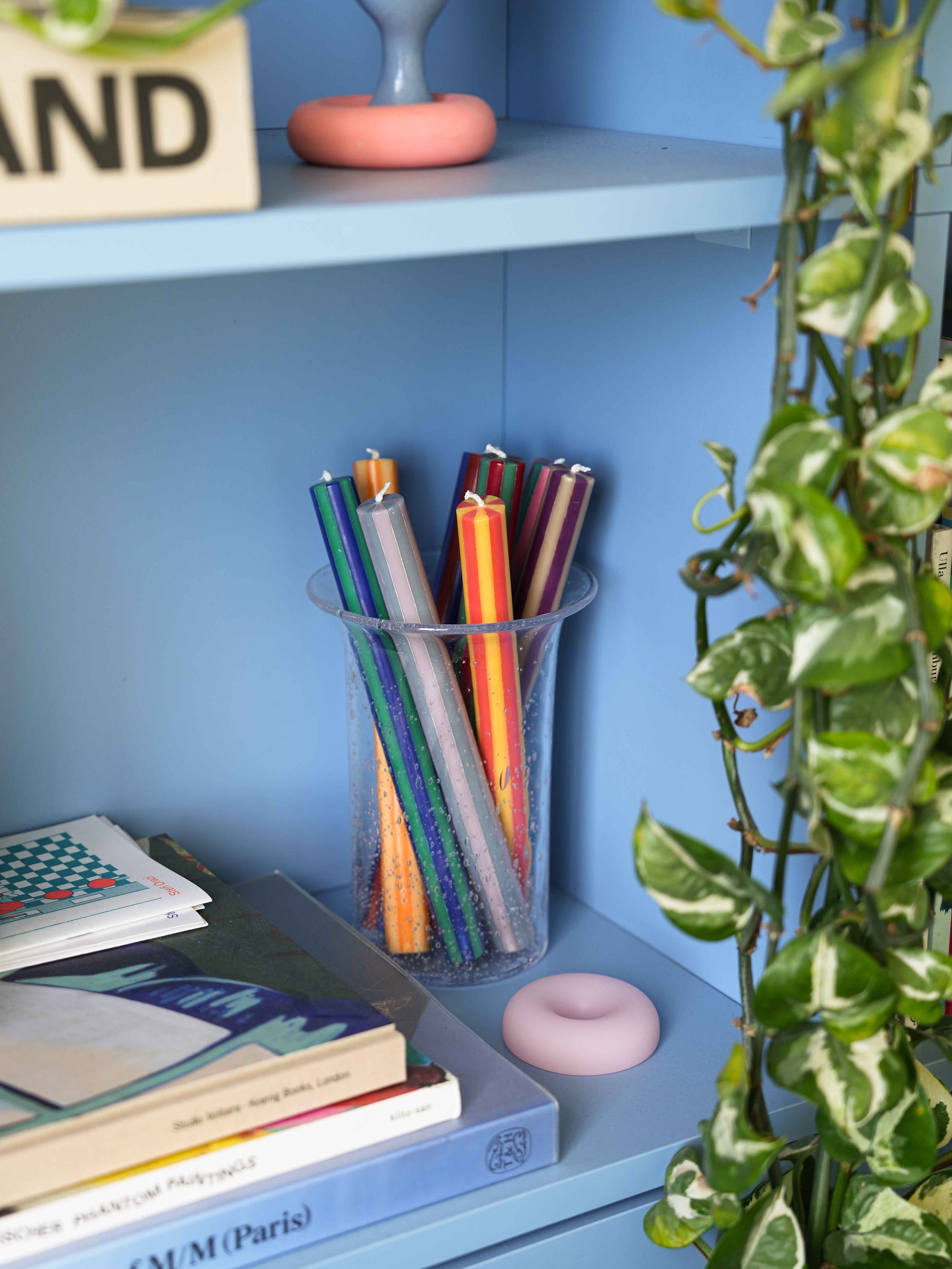 Stripe Dinner Candles - Chartreuse Green / Charcoal