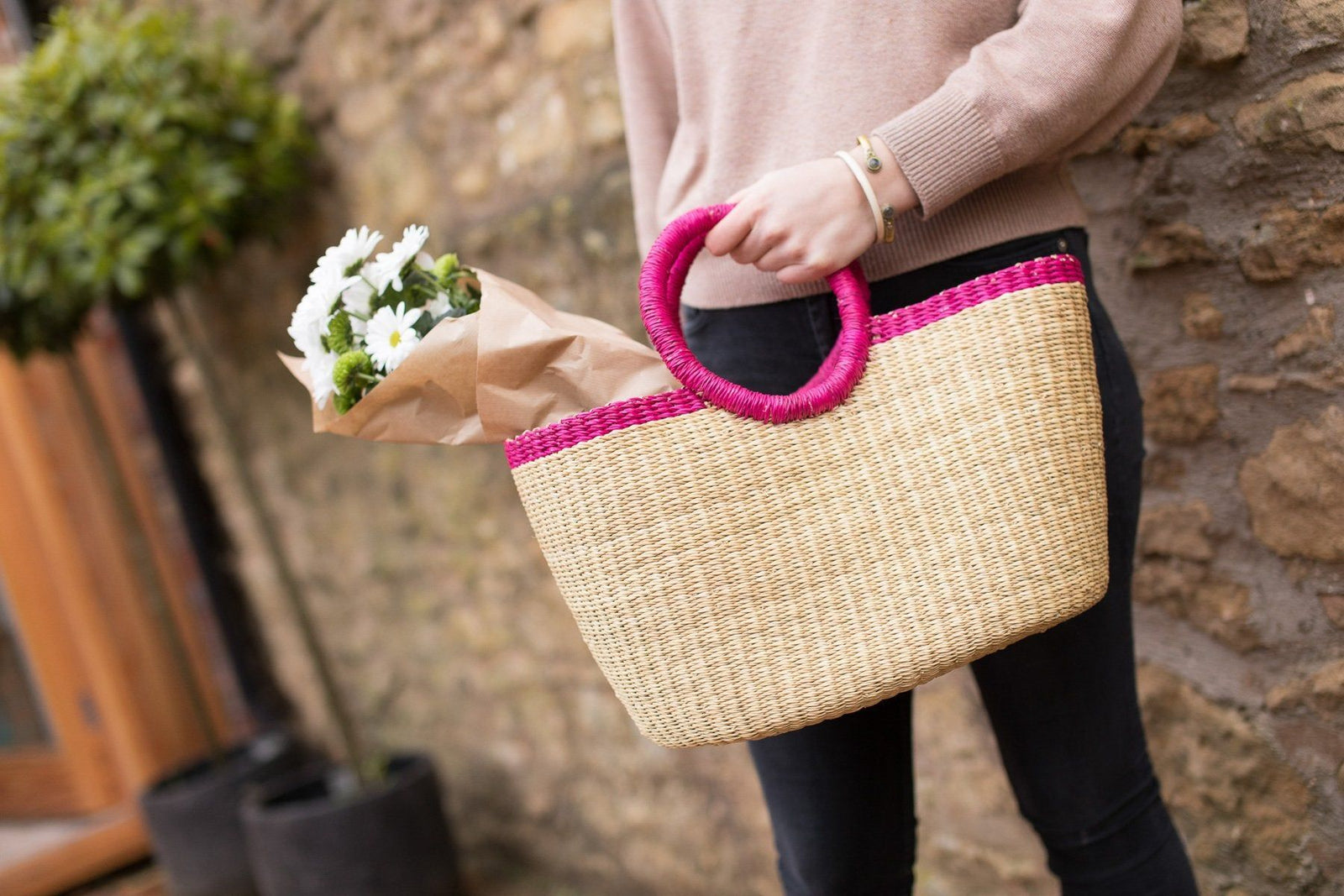 KANN: Oval Pink Rim Bolga Shopping Basket