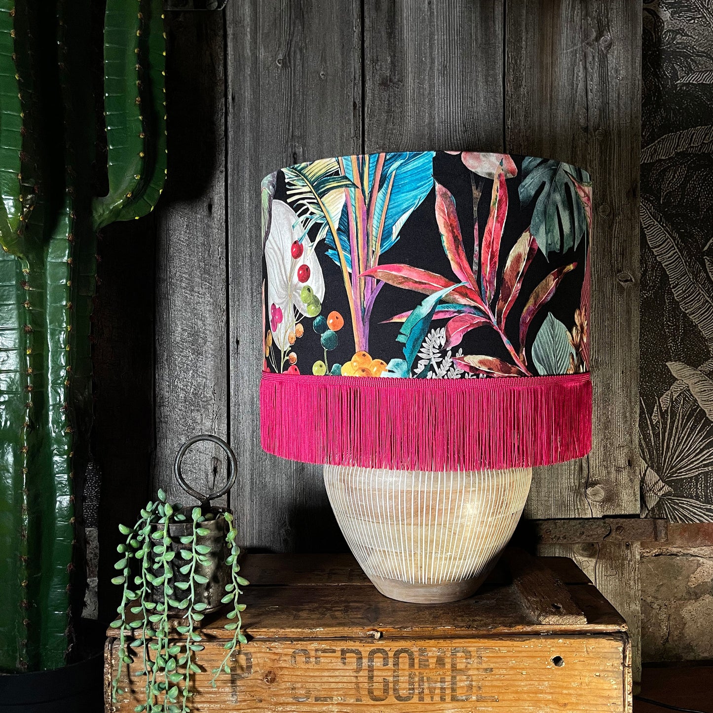 Acid Jungle Lampshade With Gold Lining and Hot Pink Fringing