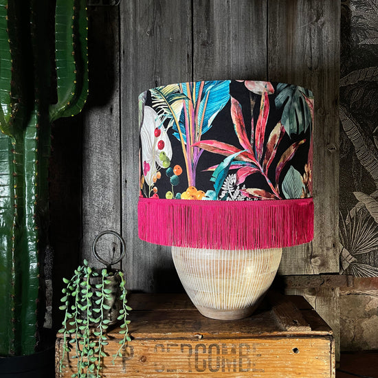 Acid Jungle Lampshade With Gold Lining and Hot Pink Fringing