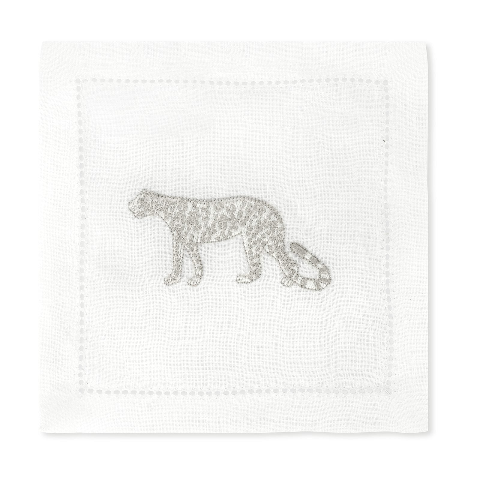 Set of 6 Cocktail Napkins Hemstitch Leopard Embroidery