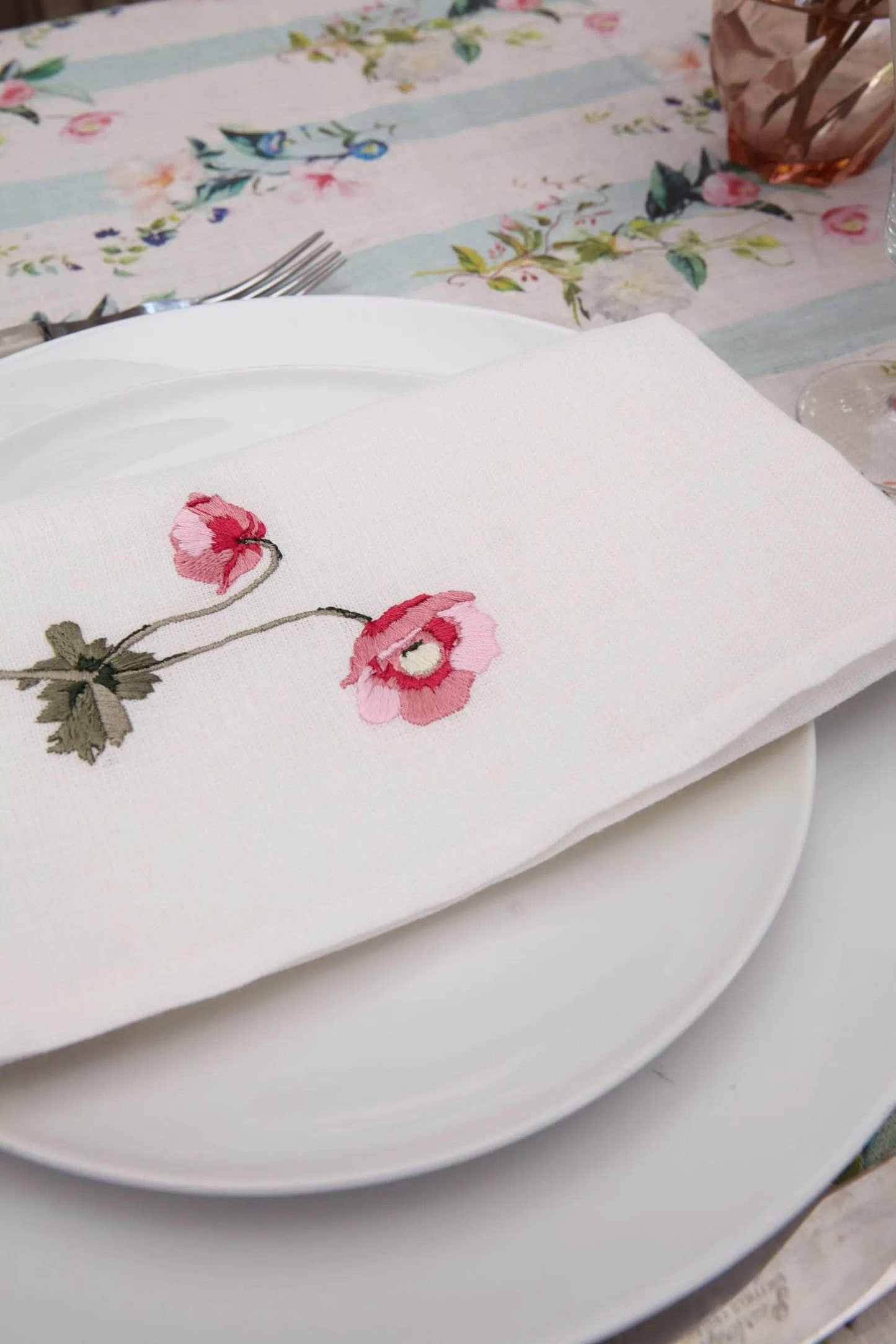 Flora Stripe Embroidered Linen Napkin