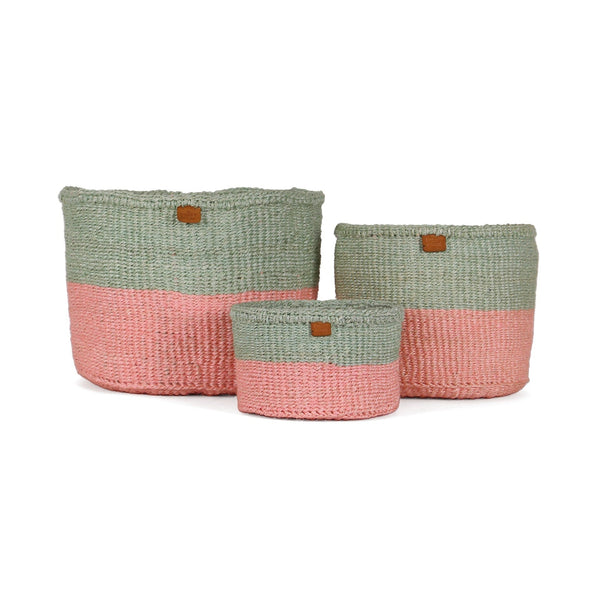 SIAFU: Sapling Green and Dusky Pink Colour Block Sisal Basket