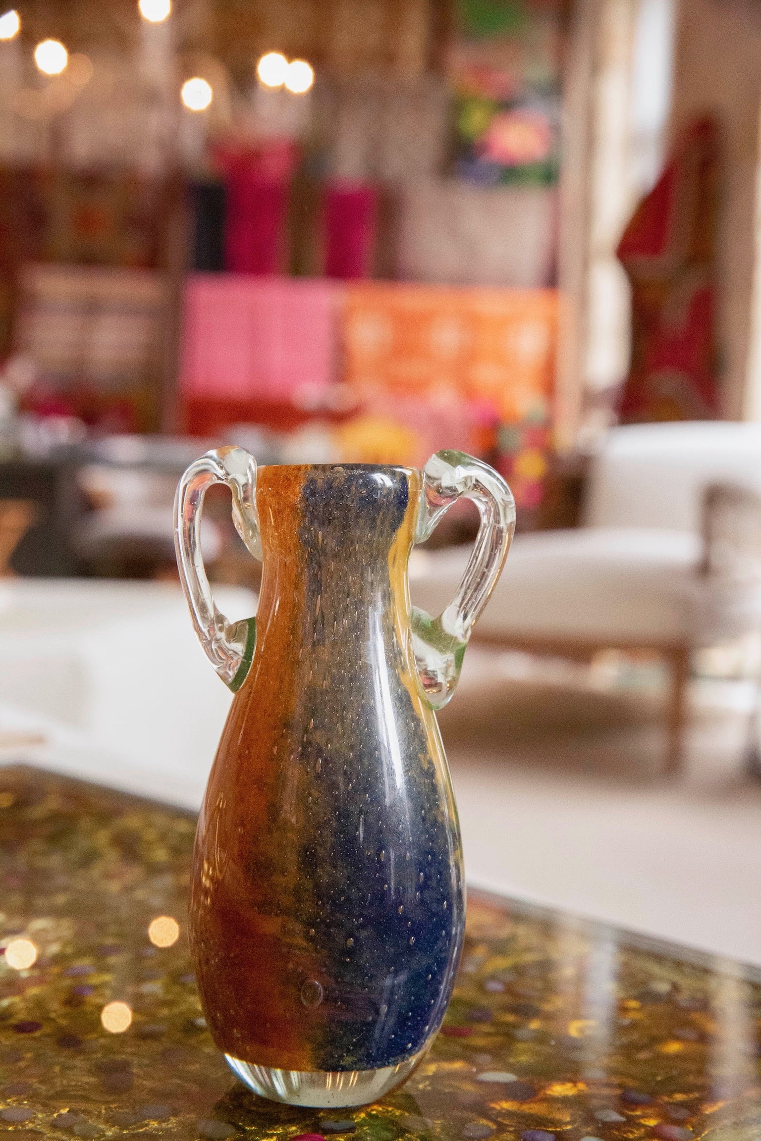 Blown Glass Amphora Vase, Blue and Orange Slim