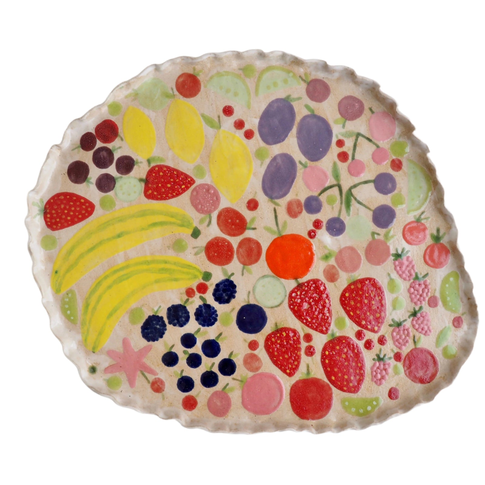 Handmade Ceramic Platter with Fruits and Vegetables & Curvy Top Edge