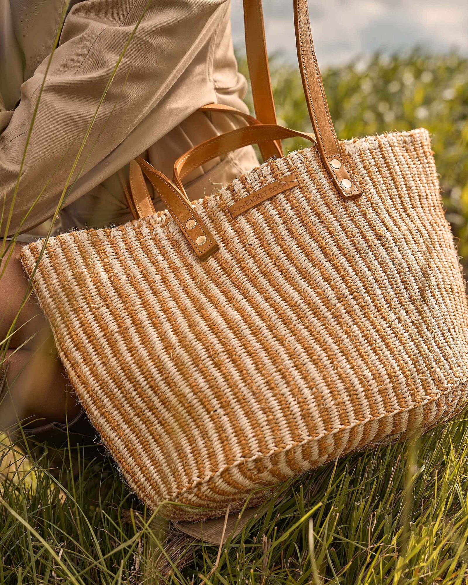 DHEHEBU: Gold and Natural Pinstripe Sisal Shopper