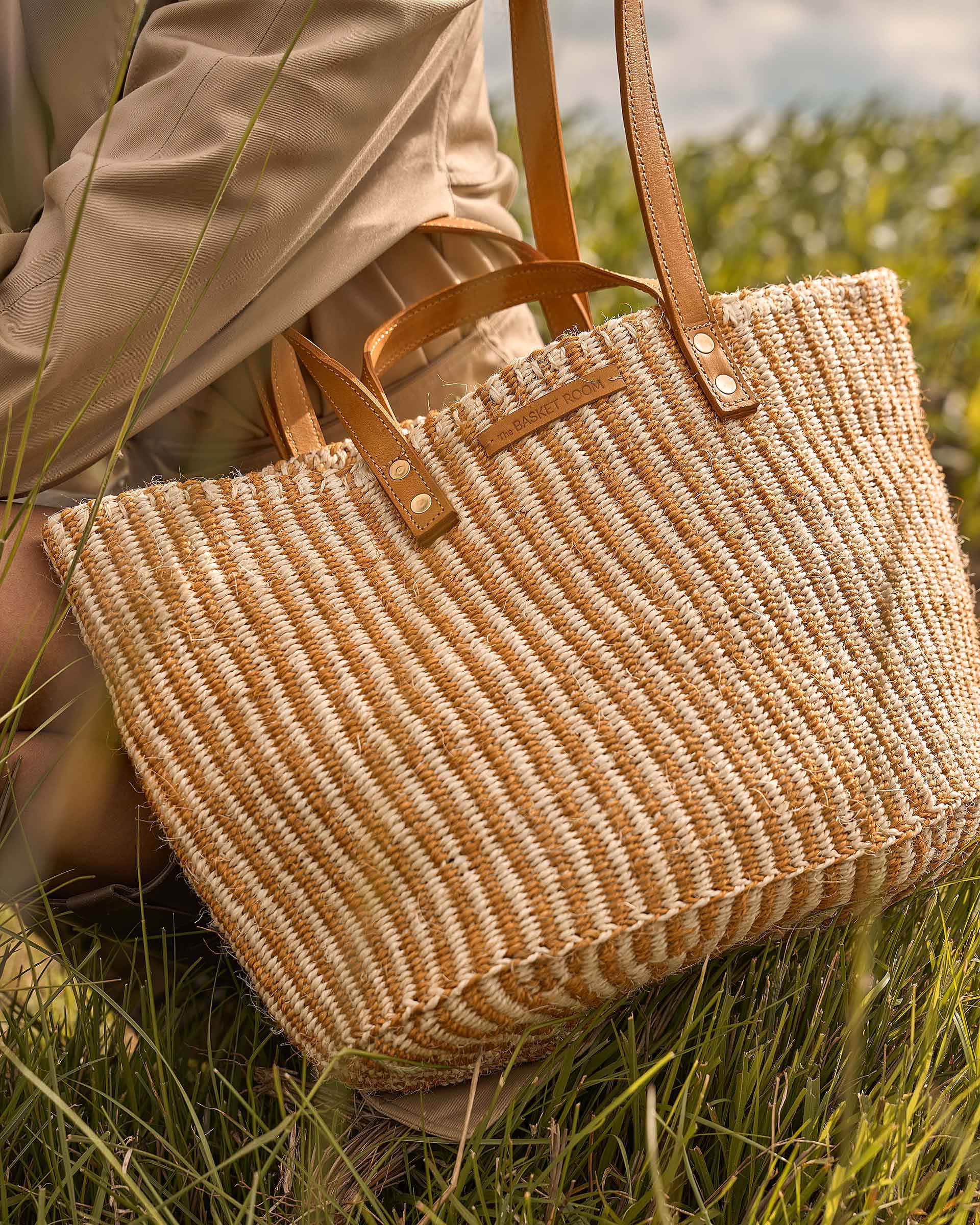DHEHEBU: Gold and Natural Pinstripe Sisal Shopper