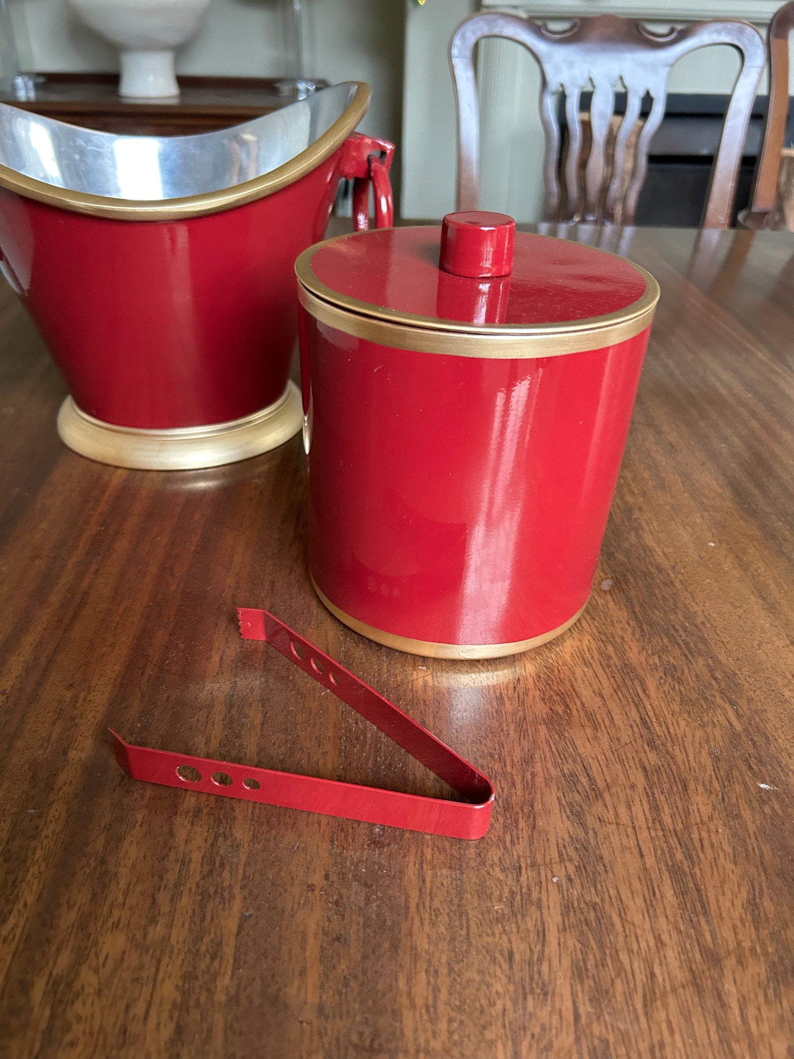 Red Ice Bucket with Hand-painted gold edge- double lined stainless steel