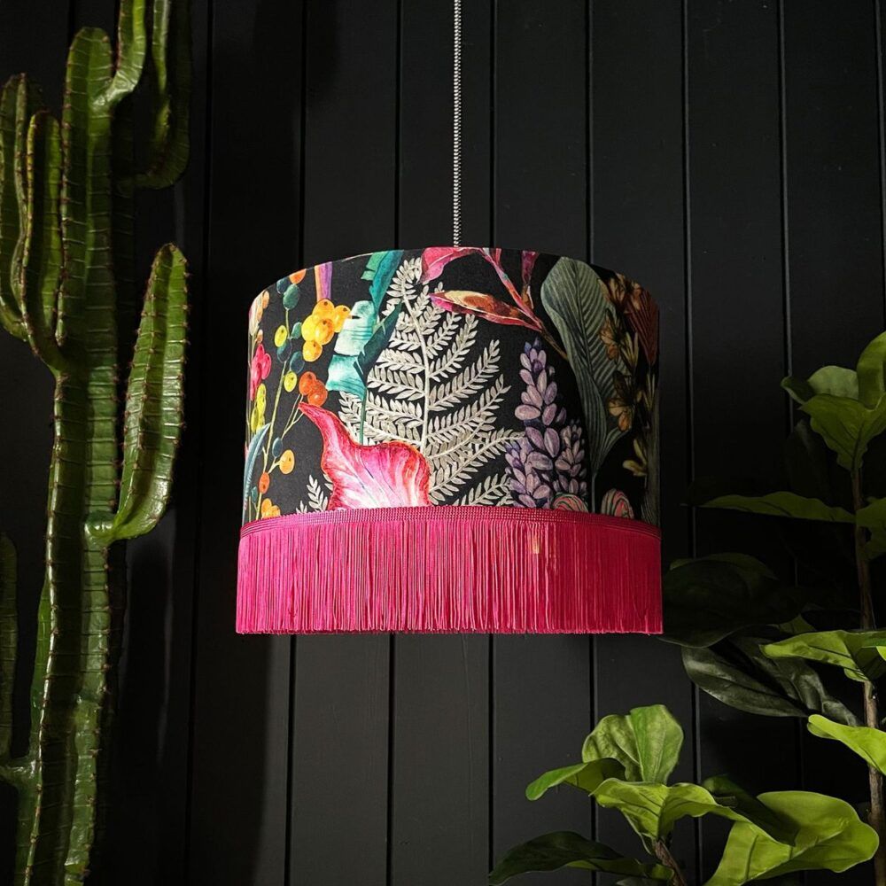 Acid Jungle Lampshade With Gold Lining and Hot Pink Fringing
