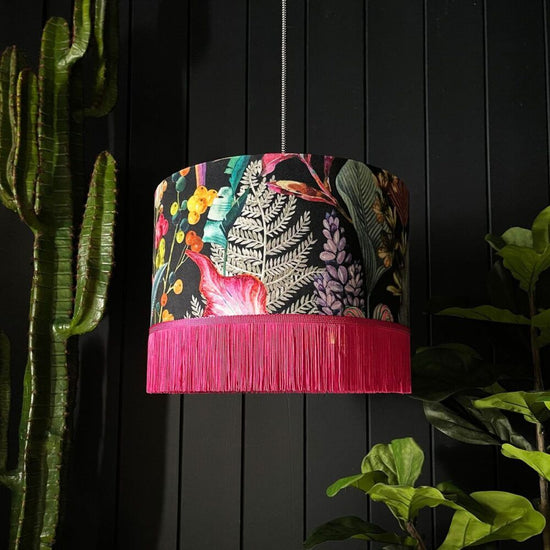 Acid Jungle Lampshade With Gold Lining and Hot Pink Fringing