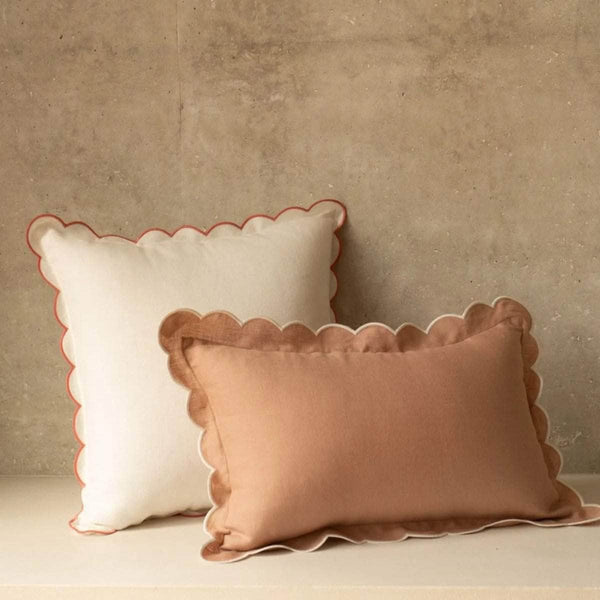 The White & Blushed Pink Scalloped Linen Square Cushion