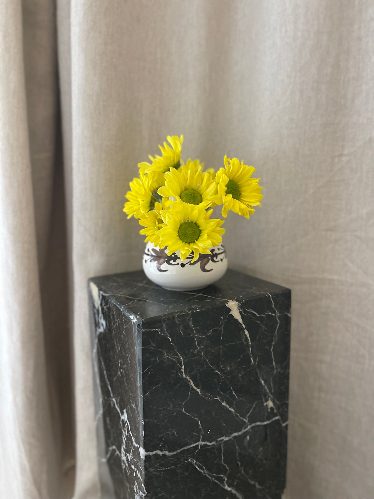 White Ceramic Ikenbana Style Vase with Brown Hand Painted Detailing