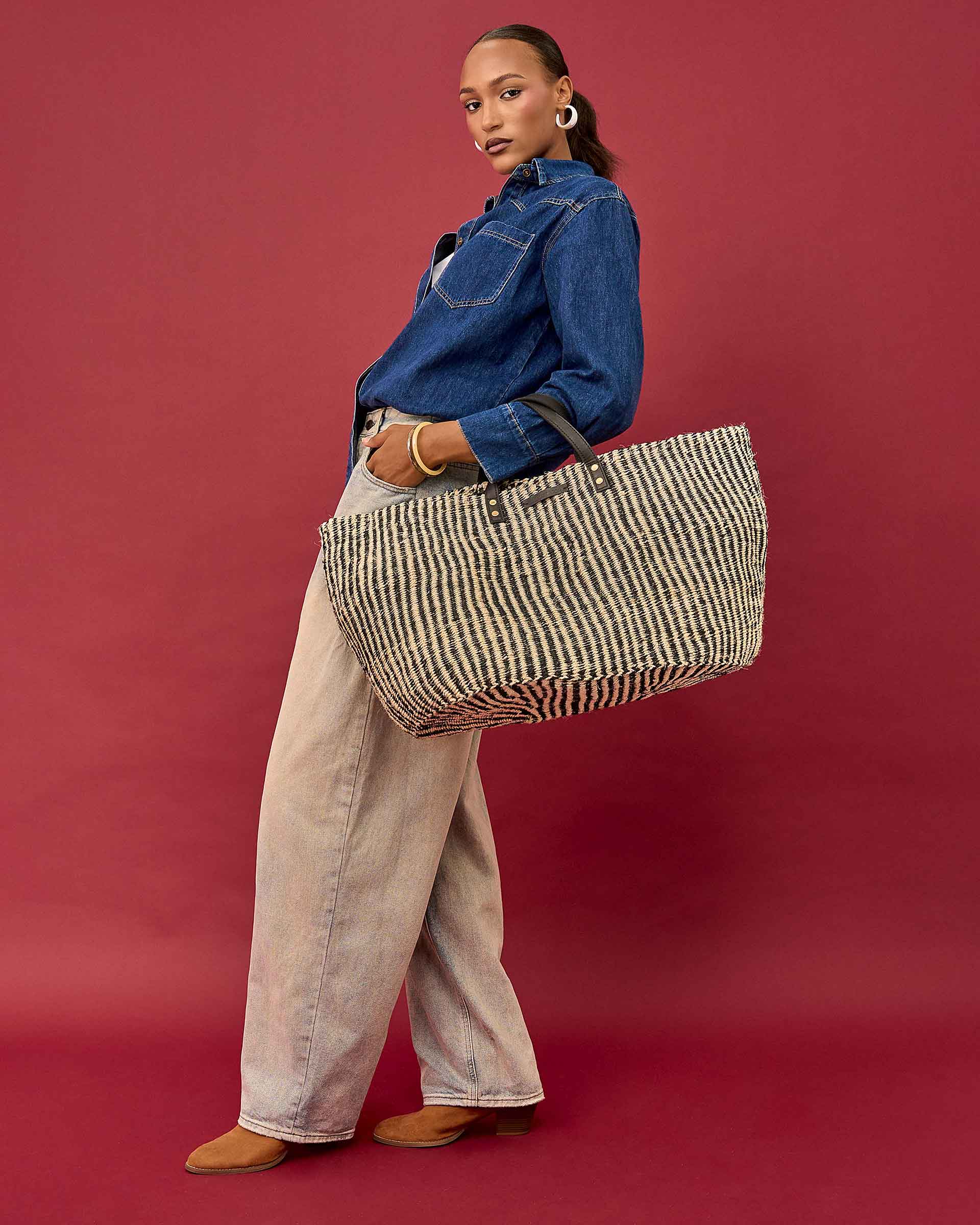 SALAMU: Black and Natural Pinstripe Sisal Shopper