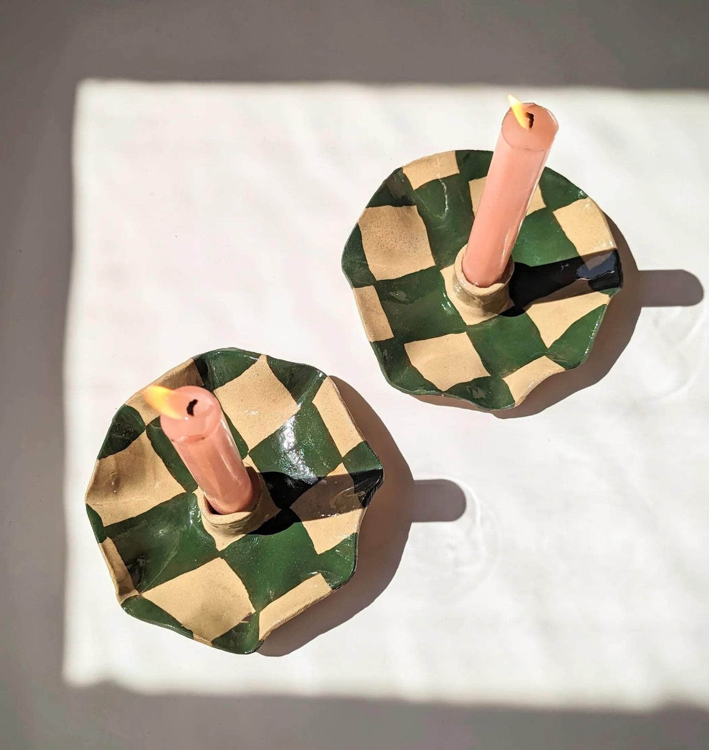 Green Check Scalloped Candle Holders