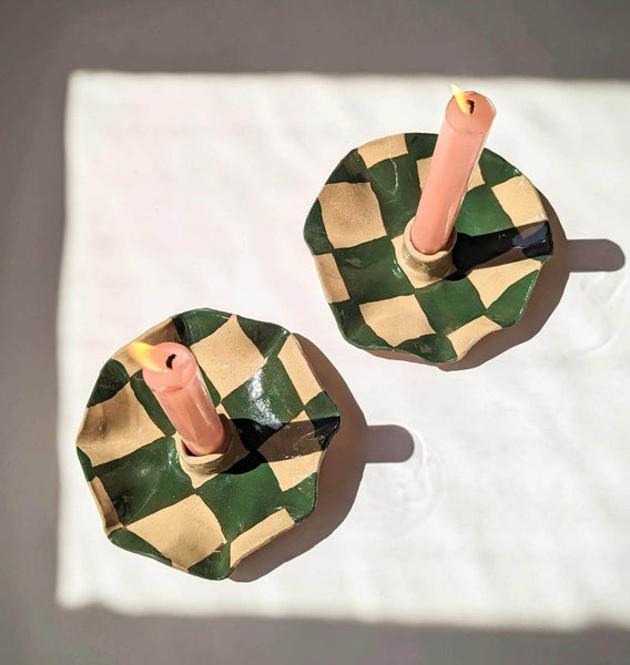 Green Check Scalloped Candle Holders