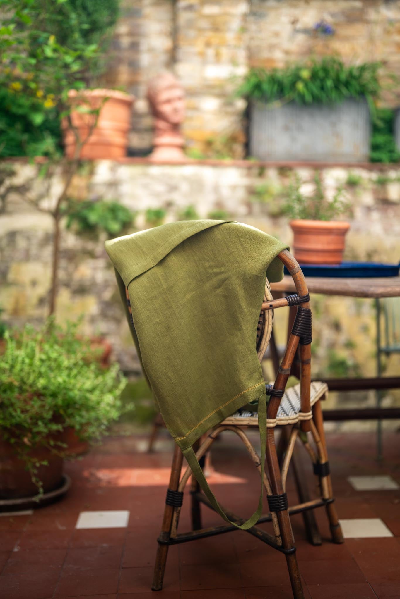 Fern Green Apron with Ochre Hemstitch